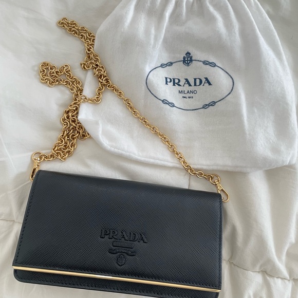 Prada Black w/ gold chain clutch - Picture 1 of 8